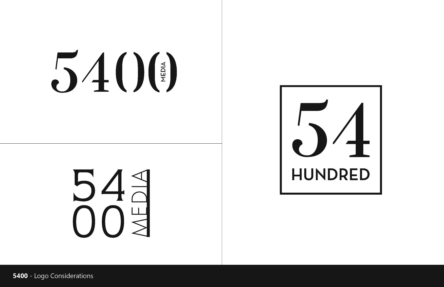 Three logo arrangements exploring 5400 and the framed 54 Hundred mark