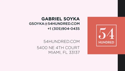 54 Hundred contact card with founder details and a coral mark