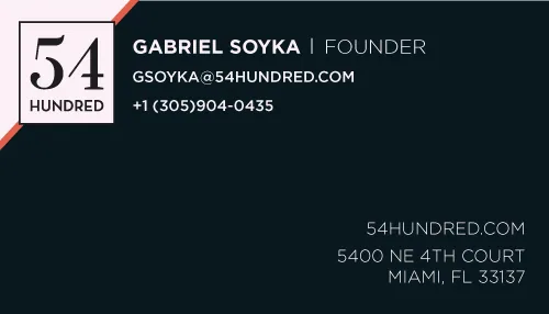 Dark 54 Hundred contact card with a pale logo and diagonal corner accent