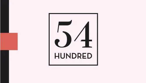 Business card front with the 54 Hundred mark against pale and dark vertical bands