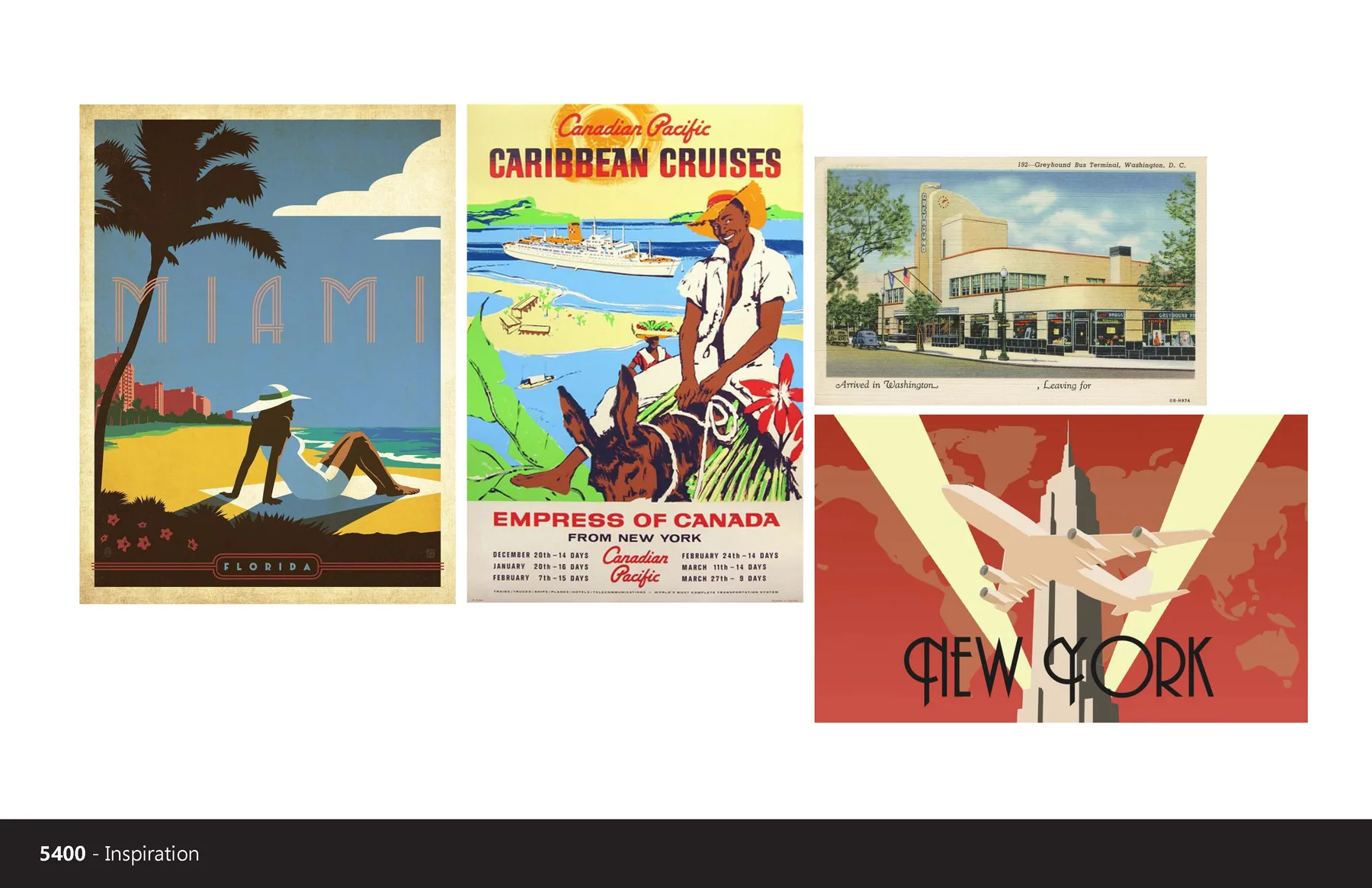 Reference board of vintage Miami posters, architecture, and travel graphics