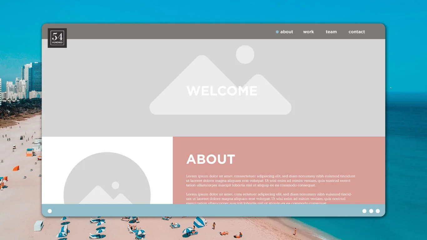 54 Hundred website screen over beach photography with a coral content panel