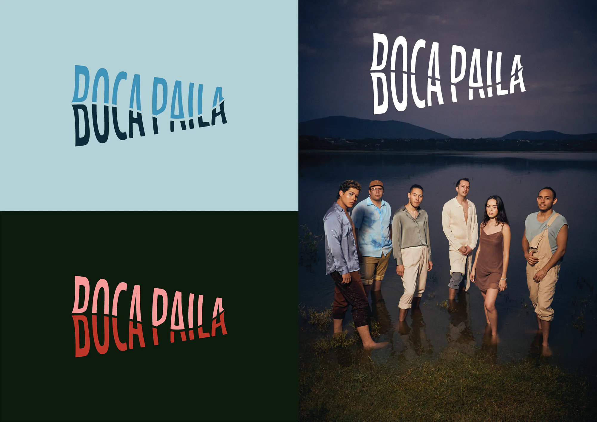 Expressive Boca Paila wordmark color studies and band portrait application