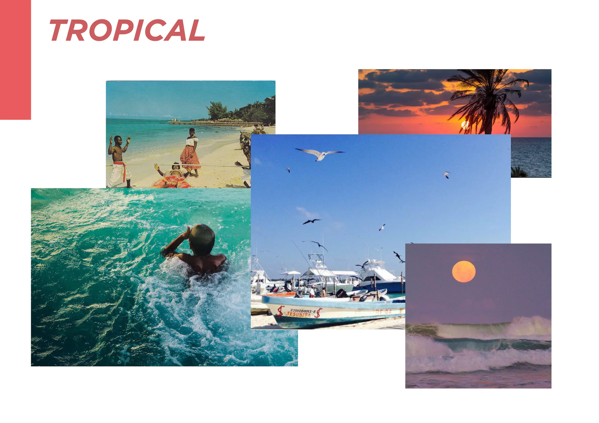 Boca Paila tropical visual direction board with sea, beach, birds, and sunset imagery