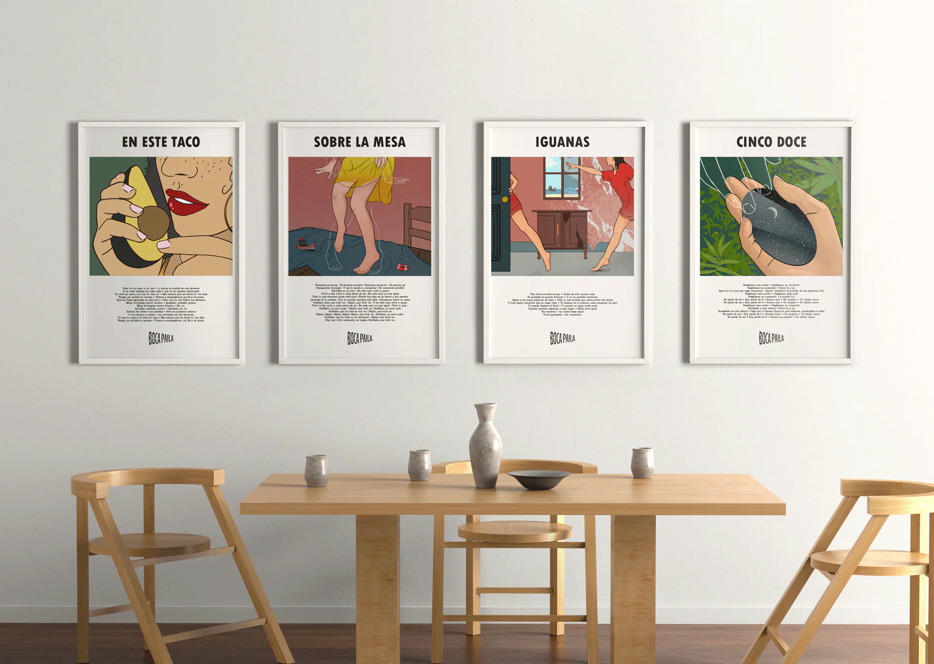 Boca Paila illustrated posters hanging on a wall above a dining table