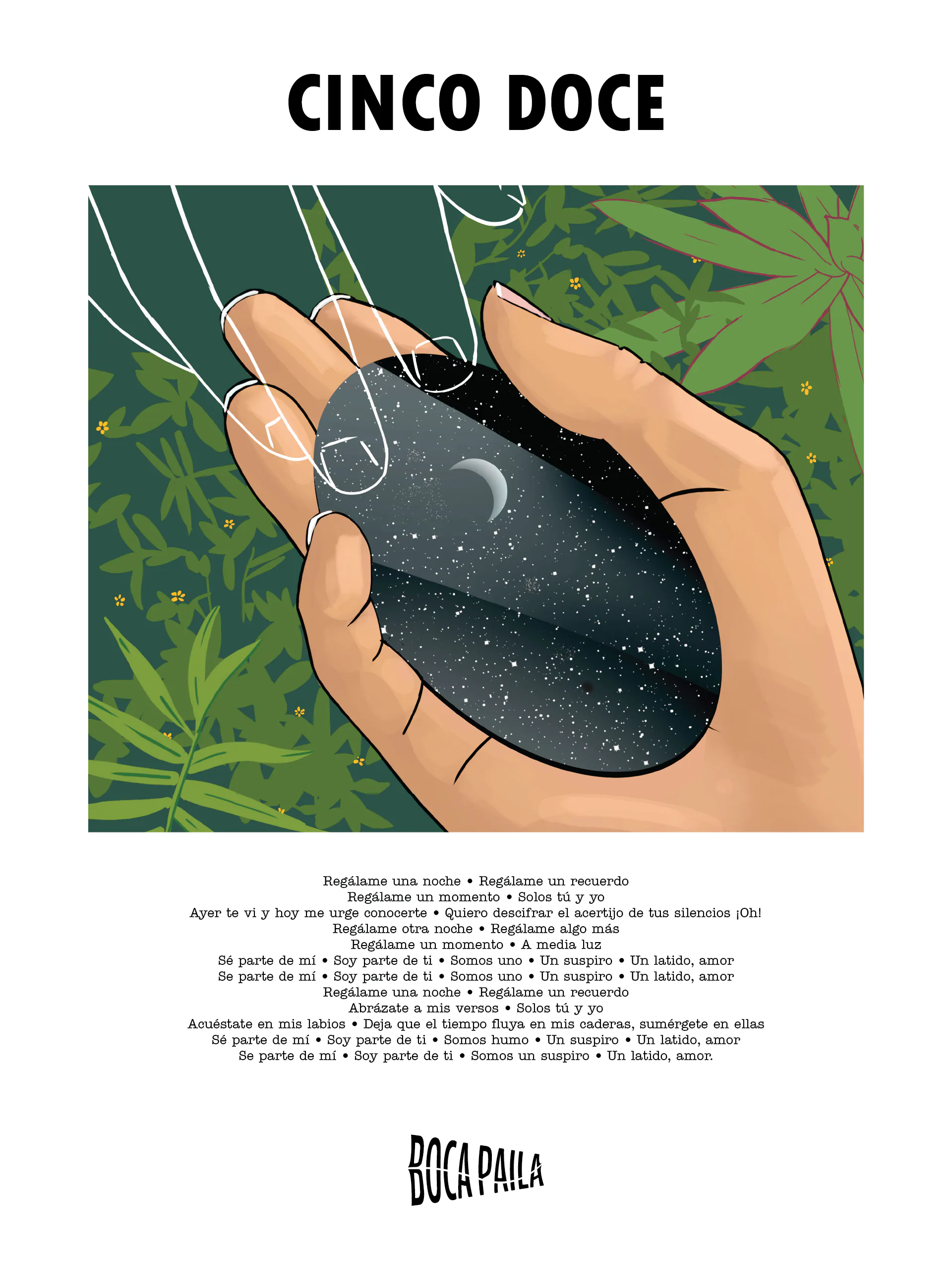 Cinco Doce lyric artwork with a hand holding a star-filled stone under a crescent moon