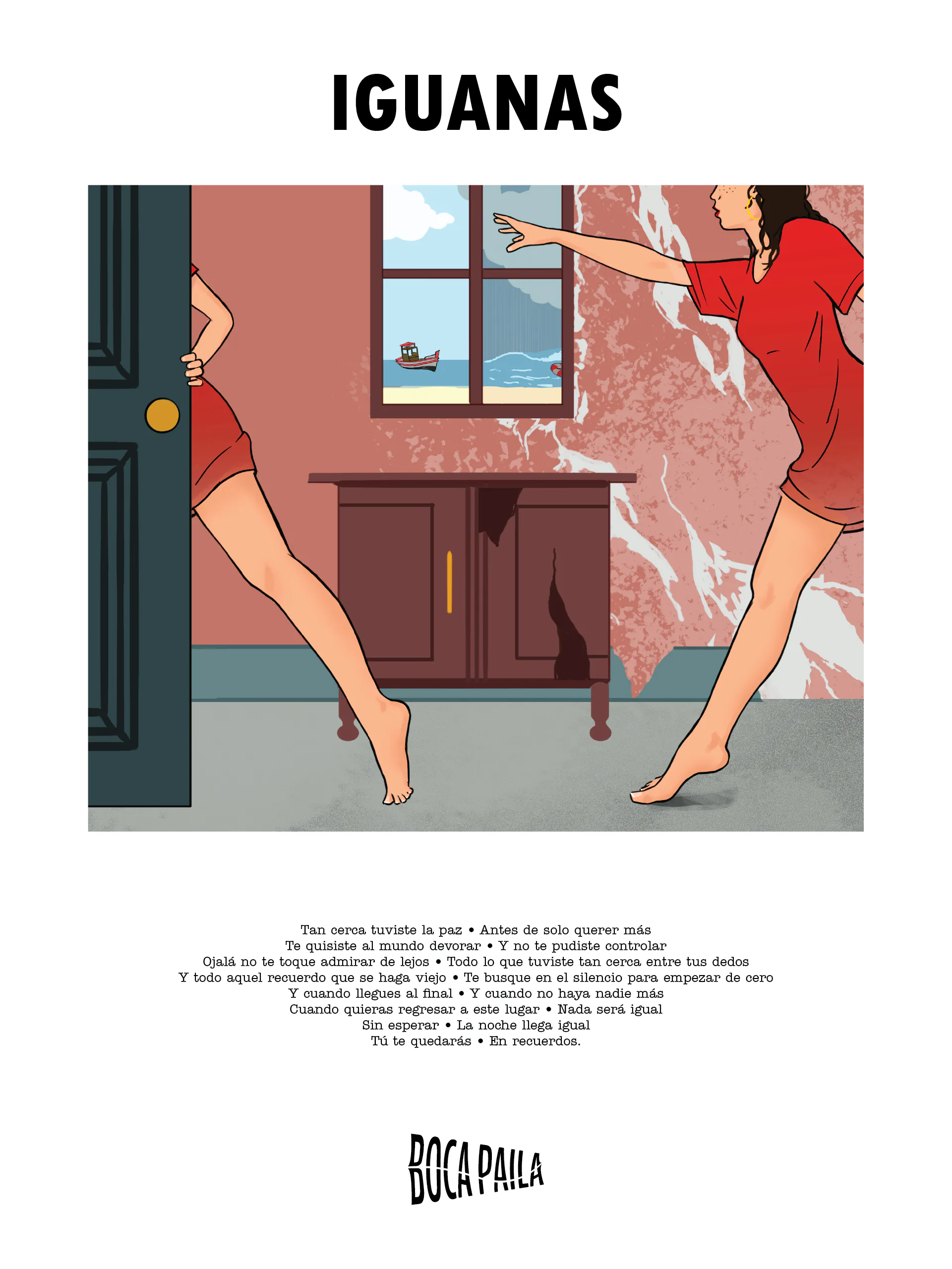 Iguanas lyric artwork with two figures moving through a room beside the sea