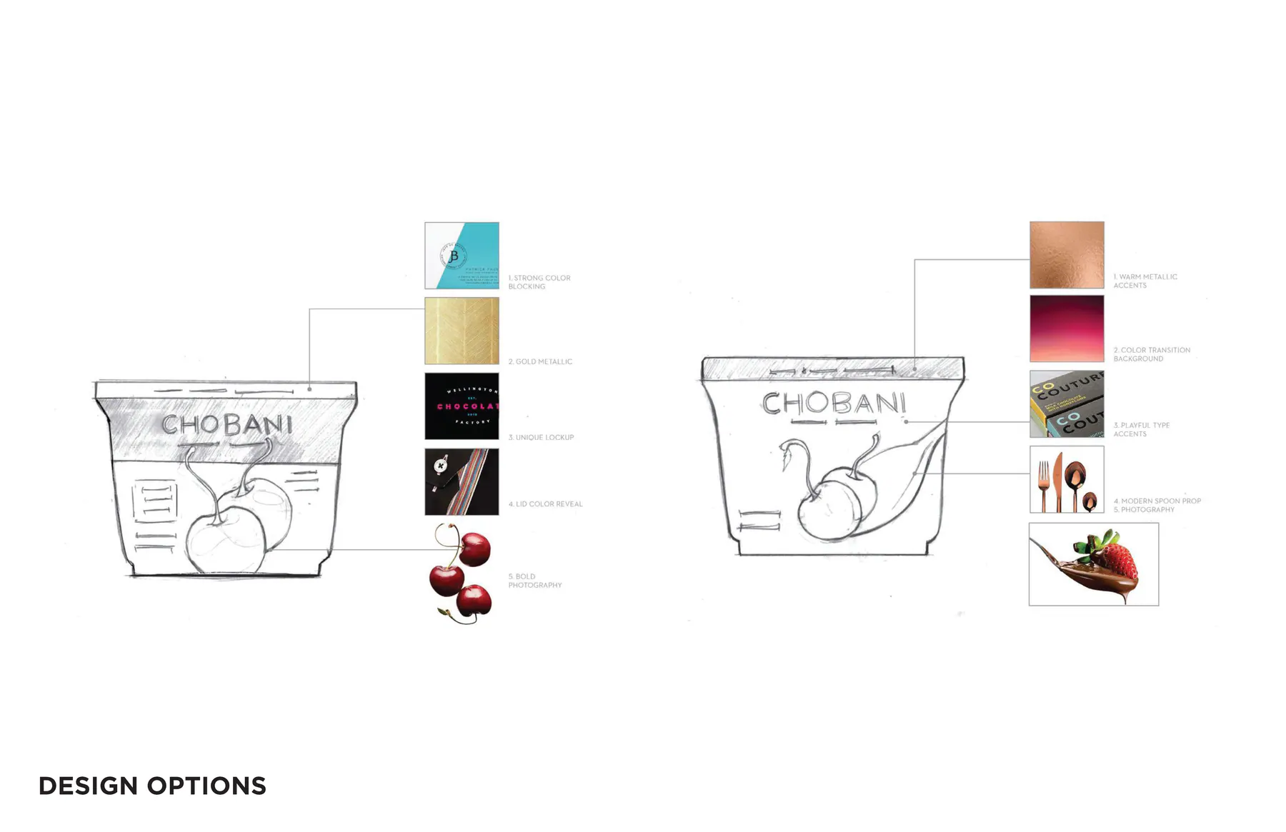 Indulgence packaging design option sketches with flavor and material references