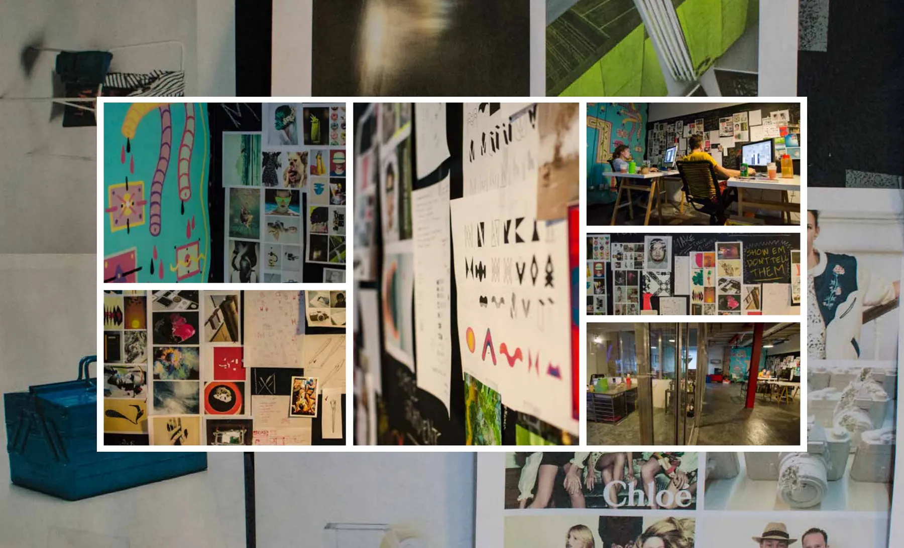 Morgans visual research wall filled with editorial, cultural, fashion, and hospitality references