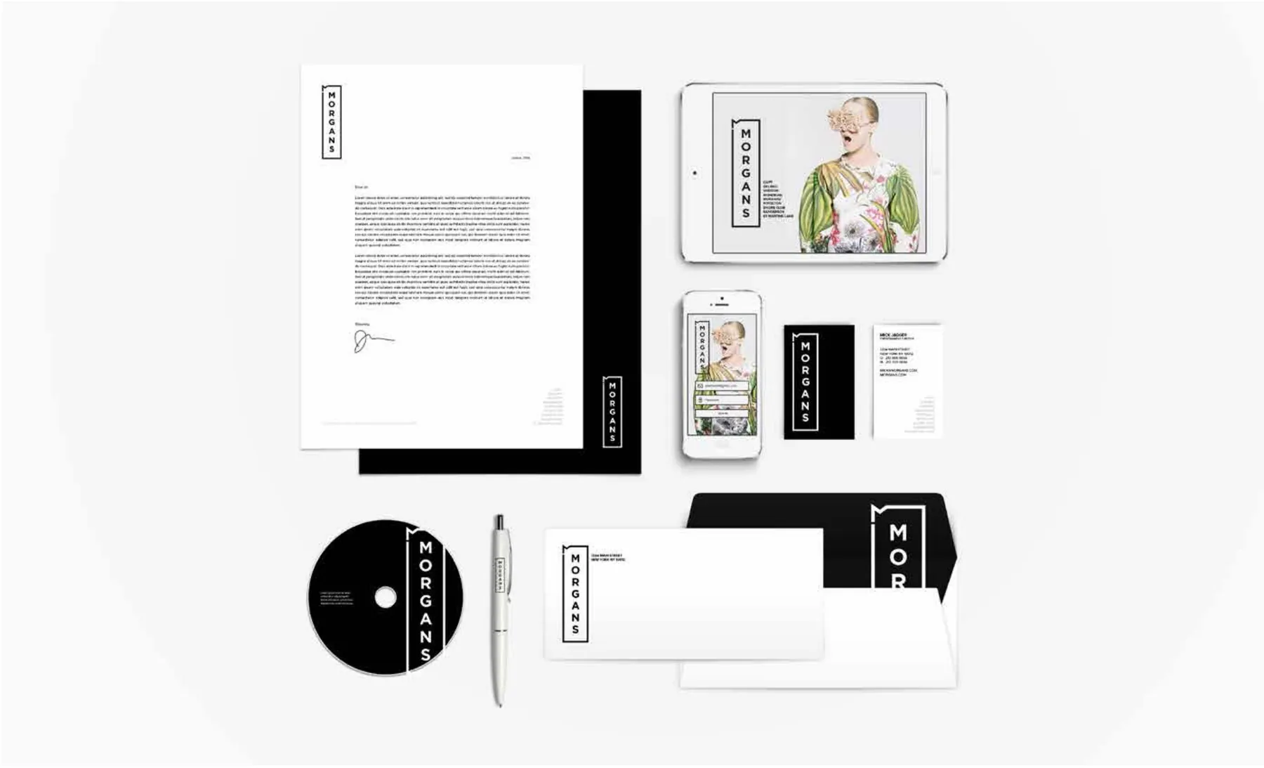 Framed identity applied across stationery, printed collateral, a record, and property communications