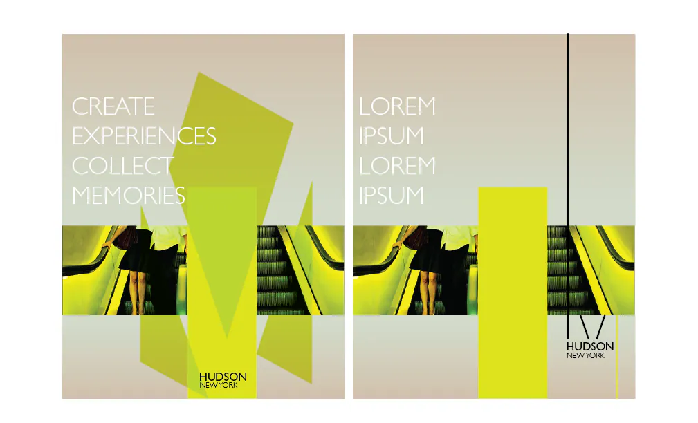 Create Enjoy editorial layout studies using layered imagery, color fields, and Hudson typography