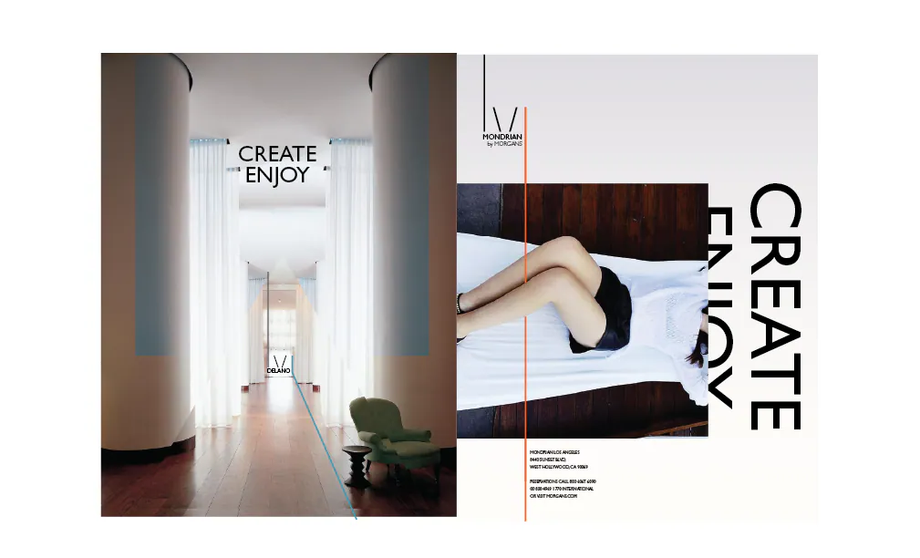 Create Enjoy collateral studies across brochures, stationery, digital screens, and circular applications