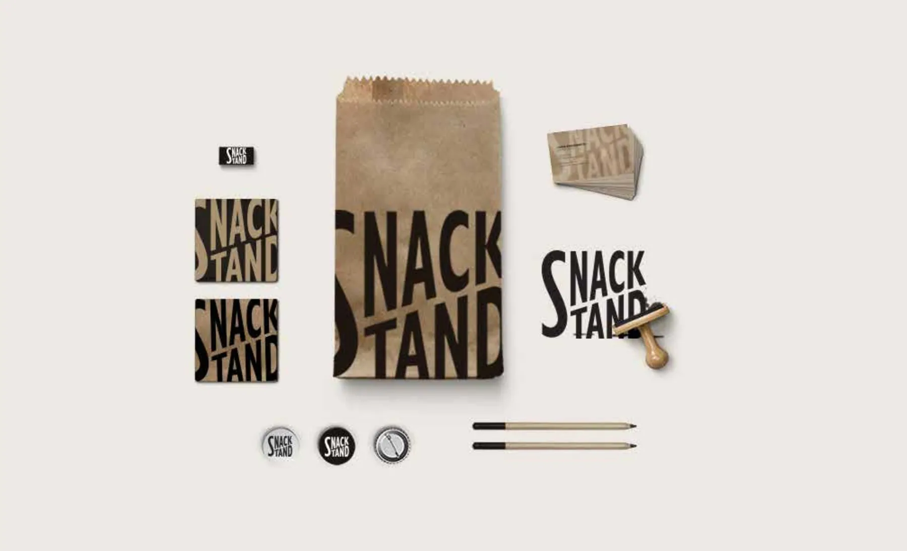 Snack Stand food-and-beverage identity applied to packaging, menus, and service materials