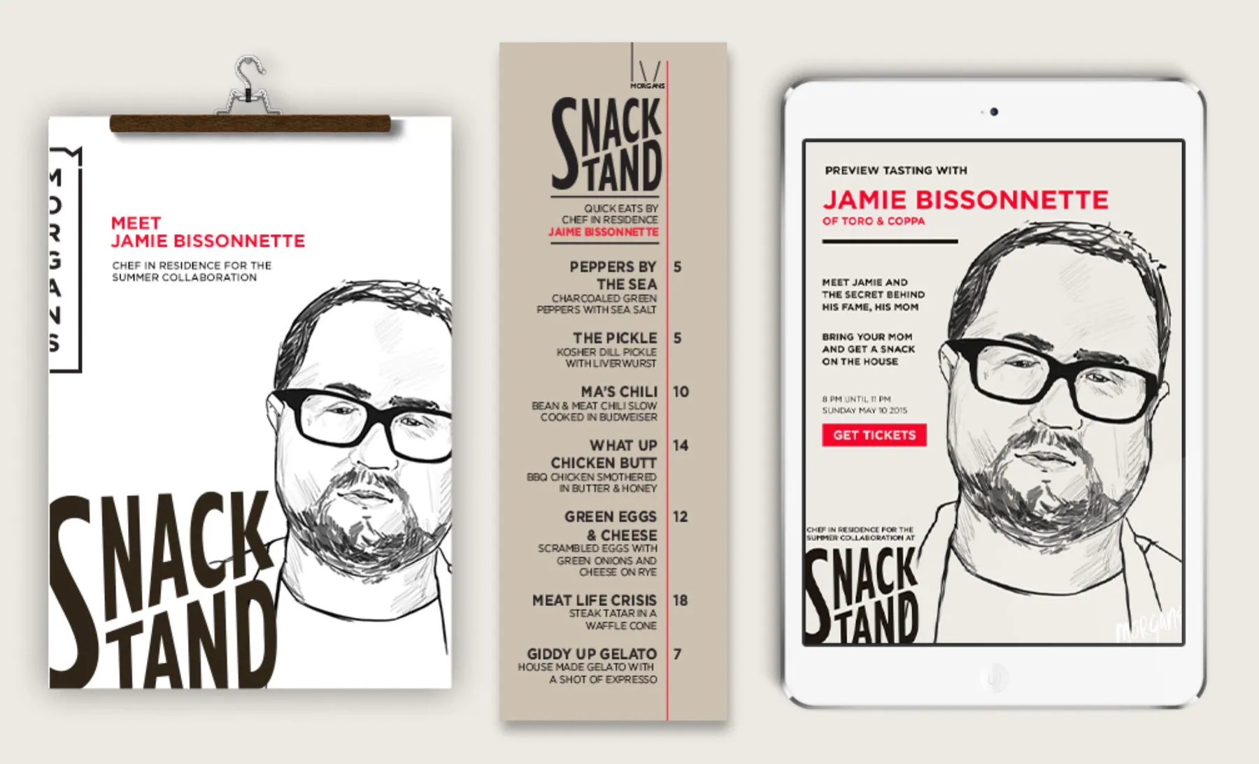 Snack Stand illustrated menu system featuring creator portraits and bold typographic layouts