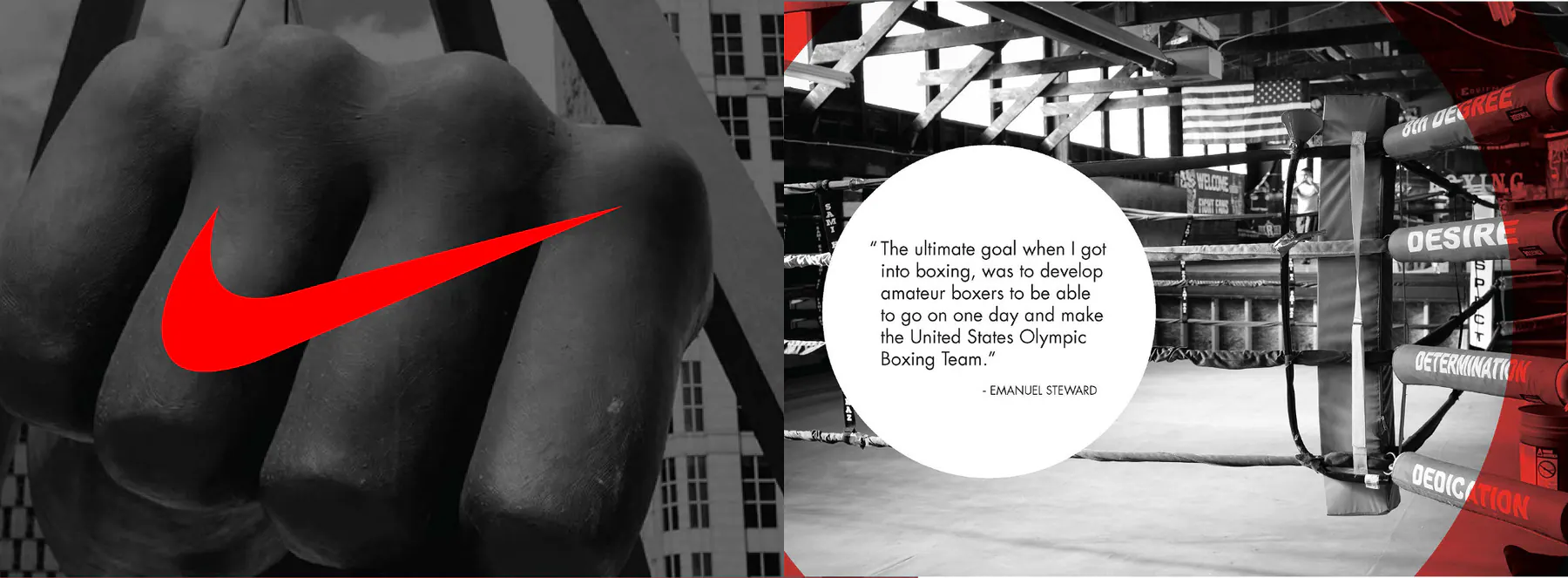 Nike KO brand introduction with boxing gym imagery and the project vision
