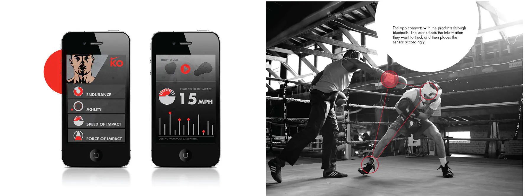 Nike KO mobile app metric selection and live boxing sensor placement