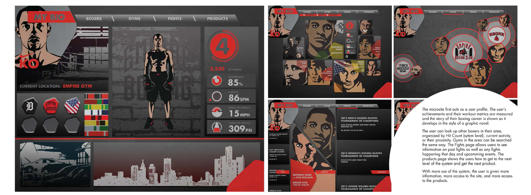 Nike KO microsite showing athlete profile, boxer network, gym discovery, and fight information